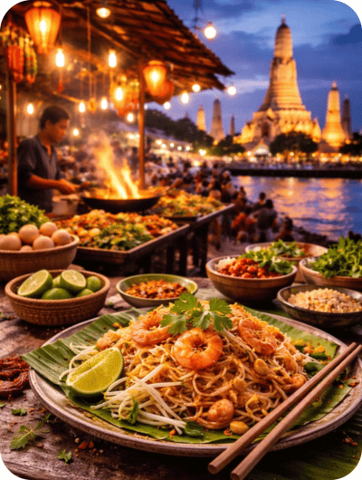 Travelers enjoying authentic Thai food and local culinary experiences in Bangkok, Thailand.