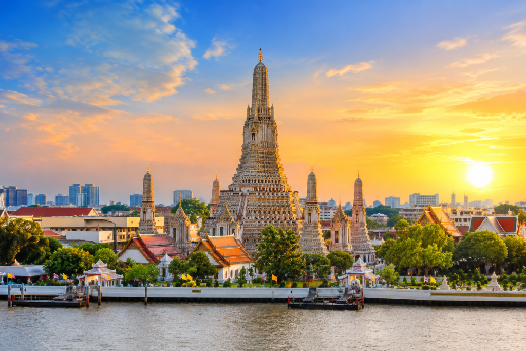 Riverside temple at golden hour