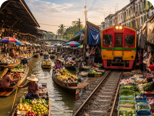 Damnoen Saduak Floating Market + Train Market